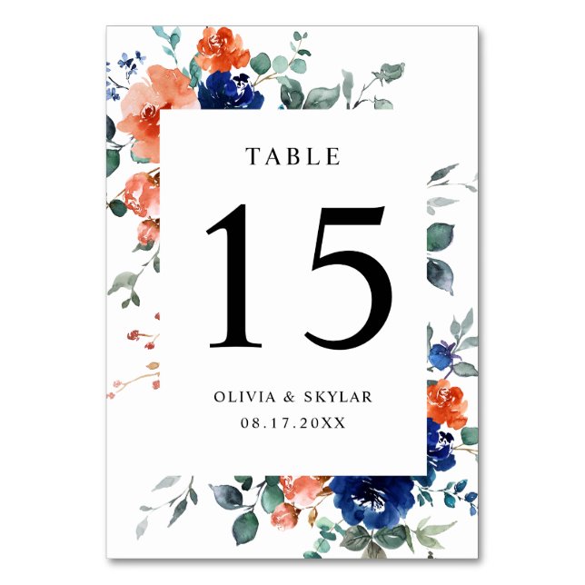 Navy Burnt Orange Floral Rust Flowers Fall Wedding Table Number (Back)