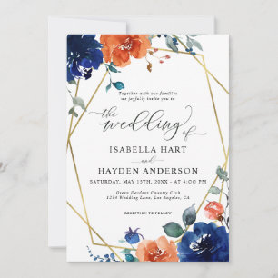 Navy Burnt Orange Floral Rust Gold Foil Wedding Invitation