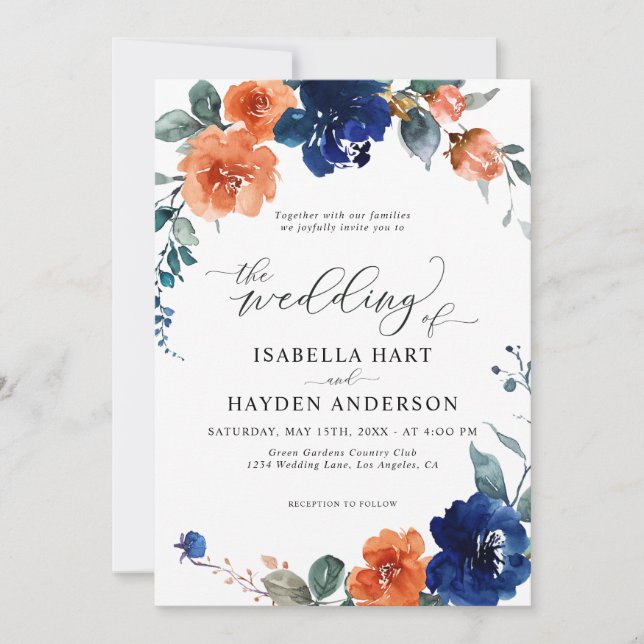 Navy Burnt Orange Floral Rust Orange Boho Wedding Invitation (Front)