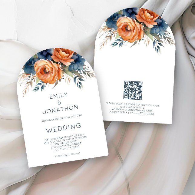 Navy Burnt Orange Florals QR Code Wedding Arch Invitation (Creator Uploaded)