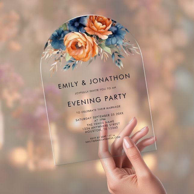 Navy Burnt Orange Florals Wedding Evening Party  Acrylic Invitations (Creator Uploaded)