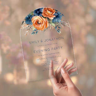 Navy Burnt Orange Florals Wedding Evening Party Acrylic Invitations