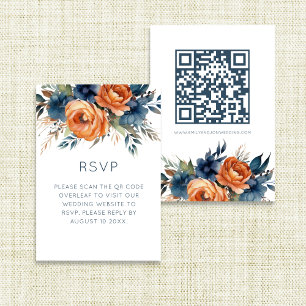 Navy Burnt Orange Florals Wedding RSVP Card