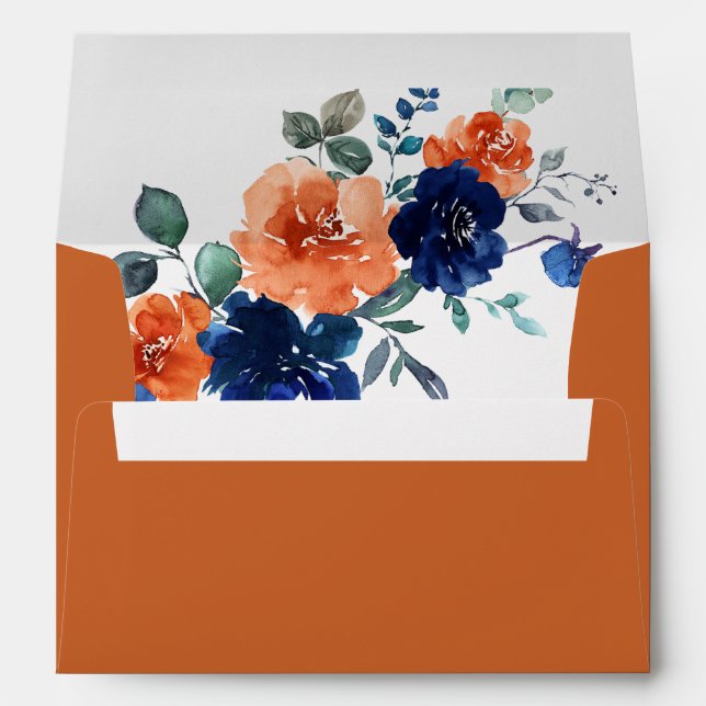 Navy Burnt Orange Rust Fall Wedding Invitation Envelope (Back (Bottom))
