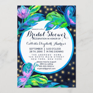 Navy Butterfly Floral Leaves Bridal Shower Invitation