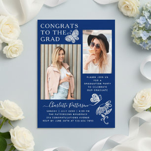 Navy Butterfly Two Photo Graduation Party Acrylic Invitations
