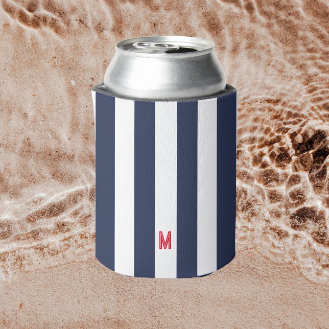 Navy Cabana Stripe & Personalised Red Monogram Can Cooler (Creator Uploaded)