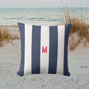 Navy Cabana Stripe & Personalised Red Monogram Cushion