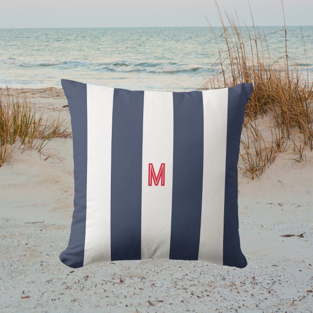 Navy Cabana Stripe & Personalised Red Monogram Cushion (Creator Uploaded)