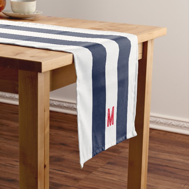 Navy Cabana Stripe & Personalised Red Monogram Short Table Runner (In Situ)