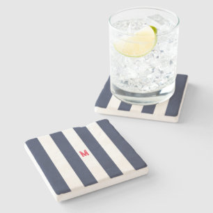Navy Cabana Stripe & Personalised Red Monogram Stone Coaster