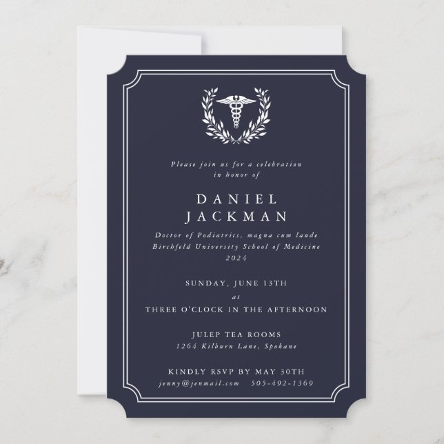 Navy Caduceus+Laurel Medical School Graduation Invitation (Front)