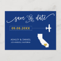 Navy California Wedding Save the Date Map Postcard