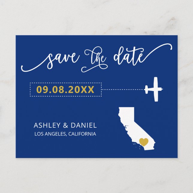 Navy California Wedding Save the Date Map Postcard (Front)