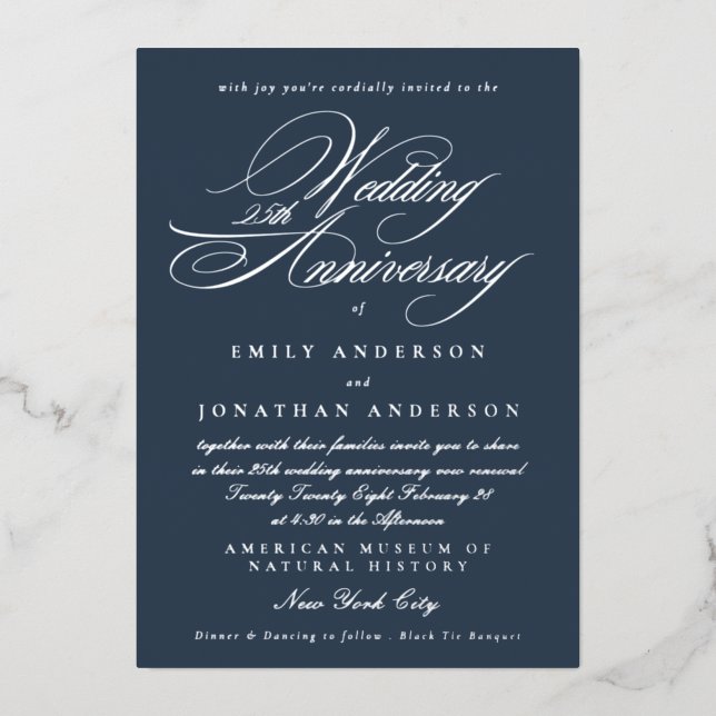 Navy Calligraphy 25th Wedding Anniversary Silver (Front)