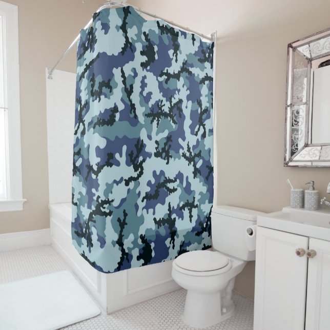 Navy camouflage shower curtain (In Situ)