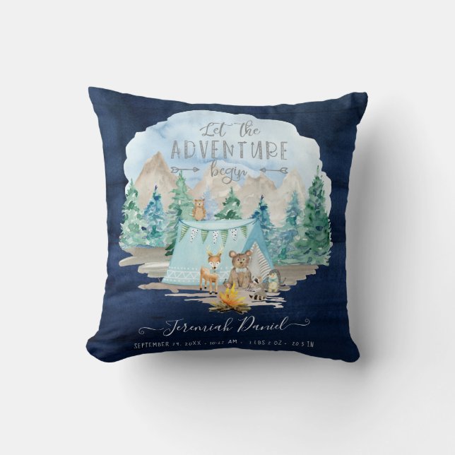 Navy Camping Adventure Forest Baby Boy Birth Stats Cushion (Front)