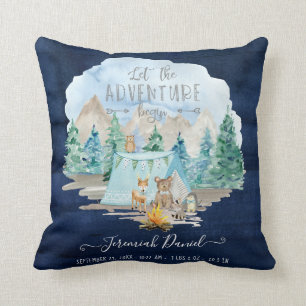 Navy Camping Adventure Forest Baby Boy Birth Stats Cushion