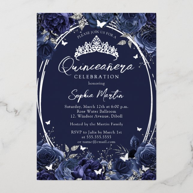 Navy Captivating Floral Butterfly Quinceanera (Front)