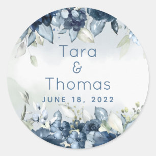 Navy Cascading Roses Peonies Greenery Wedding Classic Round Sticker