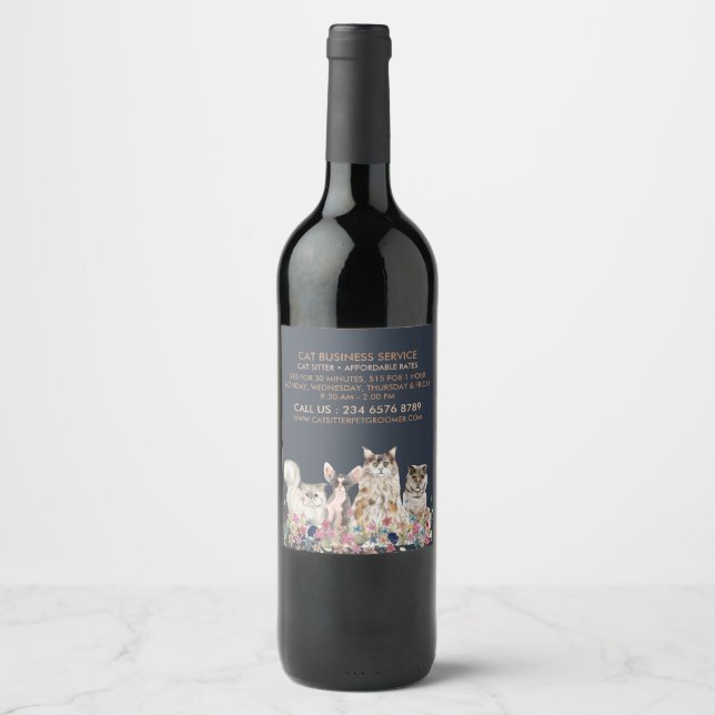 Navy Cat Sitter Kitten Pet Veterinary Wine Label (Front)