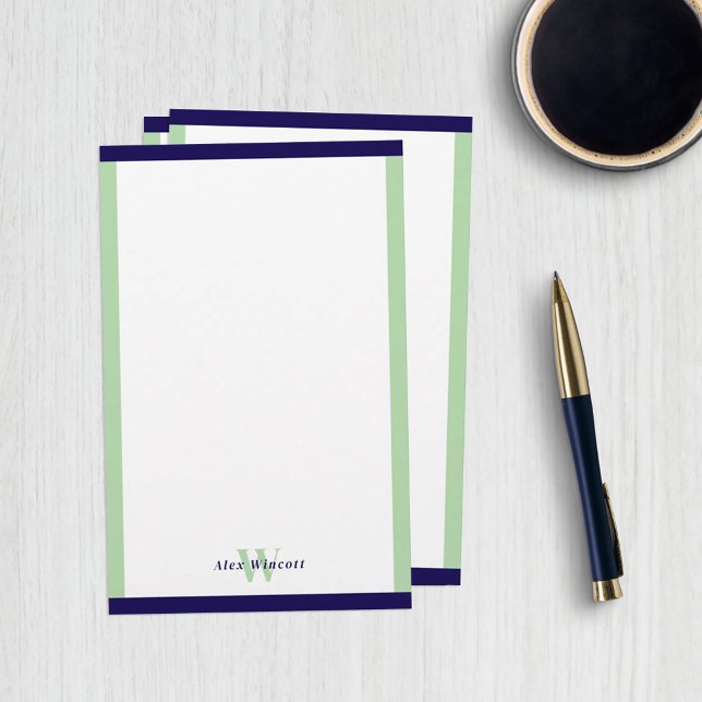 Navy & Celadon Borders Monogrammed Stationery (Creator Uploaded)