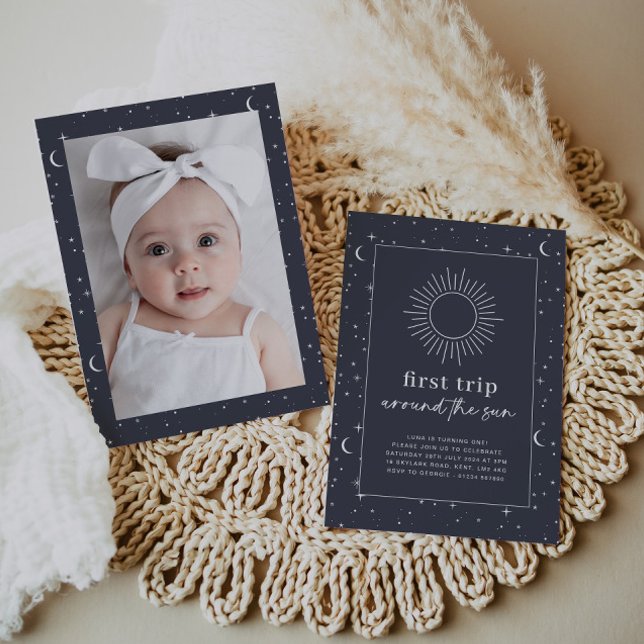 Navy Celestial 1st Birthday Photo Invitation (Creator Uploaded)
