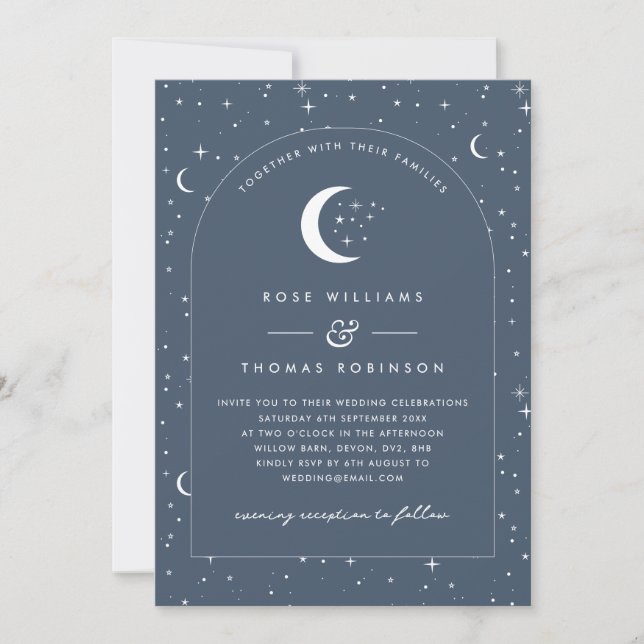 Navy Celestial Arched Wedding Invitation (Front)