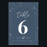 Navy Celestial Arched Wedding Table Number<br><div class="desc">A celestial moon and star themed navy grey wedding table name which has the same design on the back, to help guests find their table. Customise the colour of the star pattern, background, arch fill and moon element! You will need to buy one for each table number at your wedding....</div>