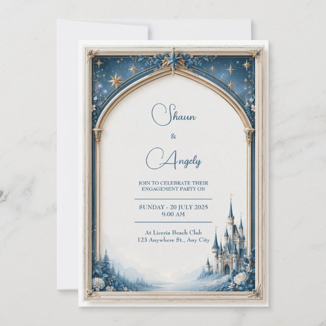 Navy Celestial Castle Gothic Arch Wedding Invitation (Front)