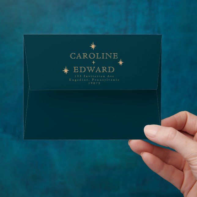 Navy Celestial Gold Stars Moon Astronomy Wedding Envelope (Hand)