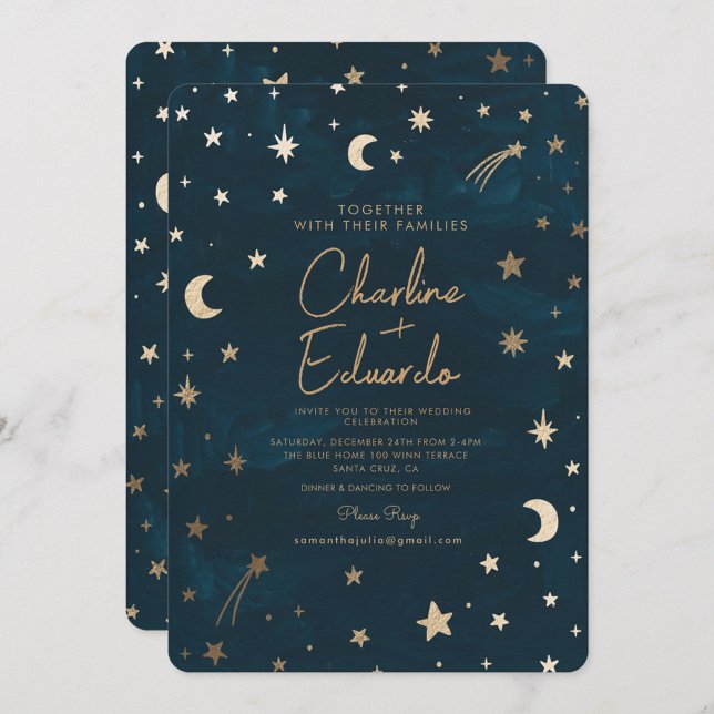 Navy Celestial Gold Stars Moon Astronomy Wedding Invitation (Creator Uploaded)
