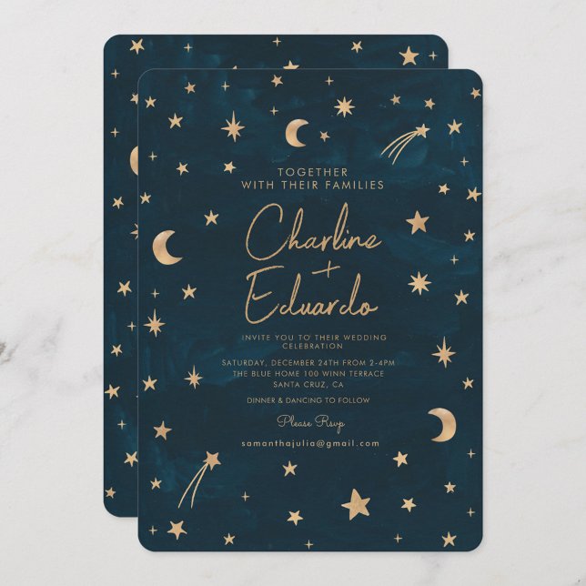 Navy Celestial Gold Stars Moon Astronomy Wedding Invitation (Creator Uploaded)