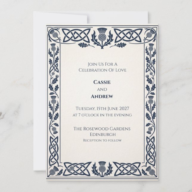 Navy Celtic Thistle Border Wedding Invitation (Front)