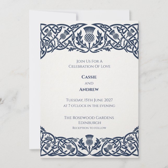 Navy Celtic Thistle Knot Scottish Wedding Invitation (Front)