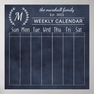 Navy Chalkboard Weekly Family Monogram Calendar Poster