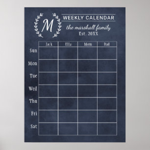 Navy Chalkboard Weekly Family Monogram Calendar Poster