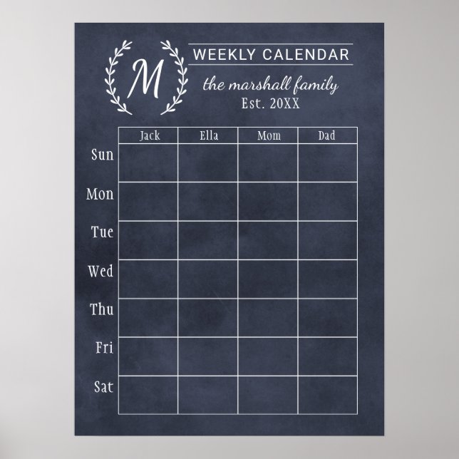 Navy Chalkboard Weekly Family Monogram Calendar Poster (Front)