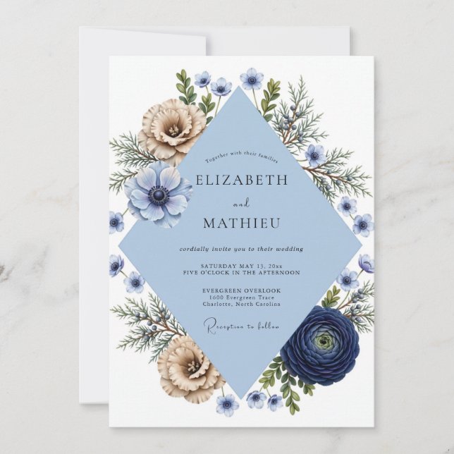 Navy Champagne Anemone Wedding Invitation (Front)