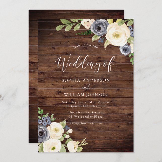 Navy & Champagne Flowers Rustic Wedding Invitation (Front/Back)