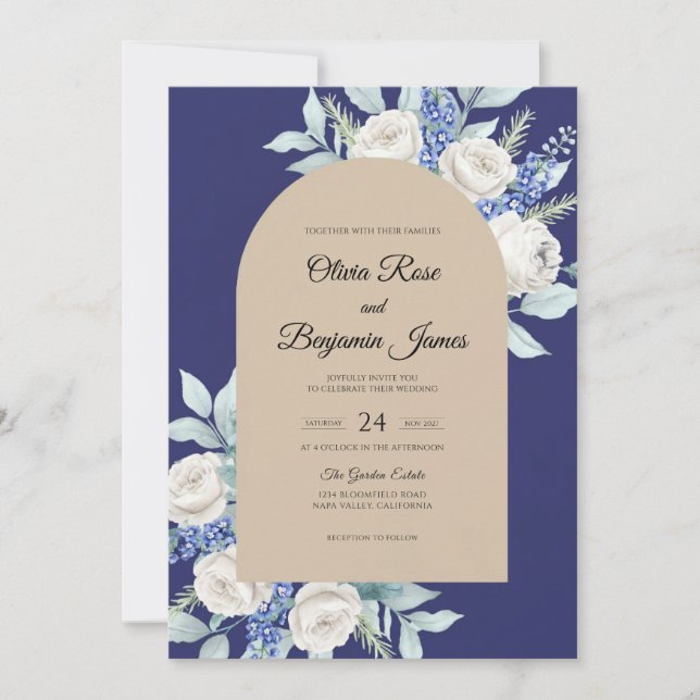 Navy Champagne Leaf Wedding Invitation (Front)