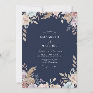 Navy Champagne Pampas Eucalyptus Wedding Invitation