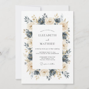 Navy Champagne Refined Floral Wedding Invitation