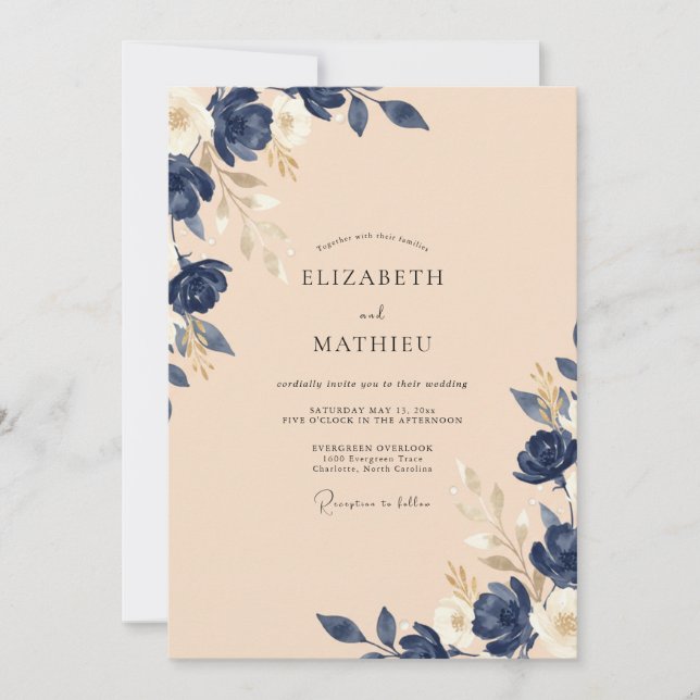 Navy Champagne Rose Wedding Invitation (Front)