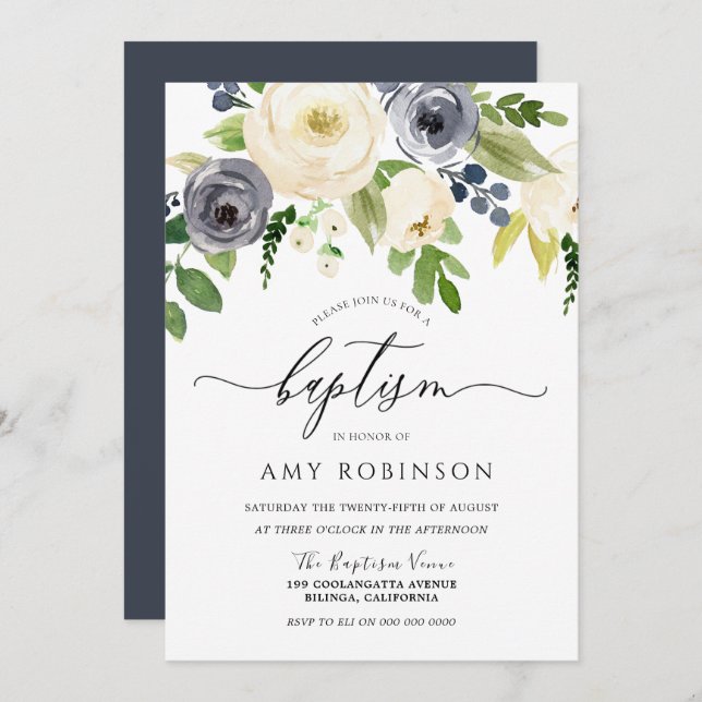 Navy Champagne Watercolor Floral Girl Boy Baptism Invitation (Front/Back)