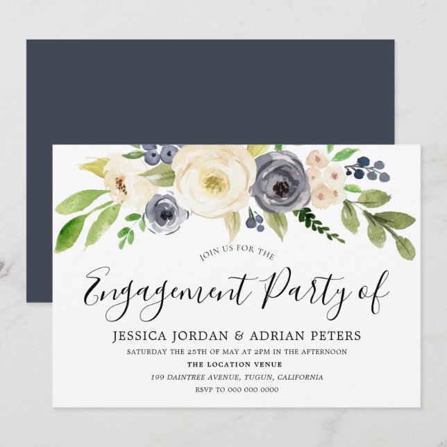 Navy Champagne Watercolor Flowers Engagement Party Invitation (Front/Back)