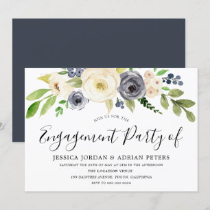 Navy Champagne Watercolor Flowers Engagement Party Invitation