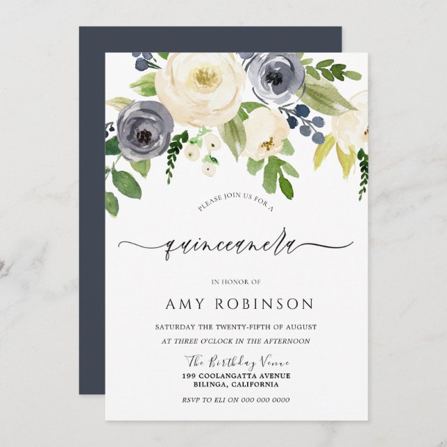Navy & Champagne Watercolor Flowers Quinceanera Invitation (Front/Back)