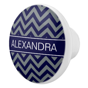 Navy, Charcoal LG Chevron Navy Blue Name Monogram Ceramic Knob