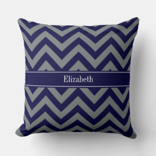 Navy, Charcoal LG Chevron Navy Blue Name Monogram Cushion